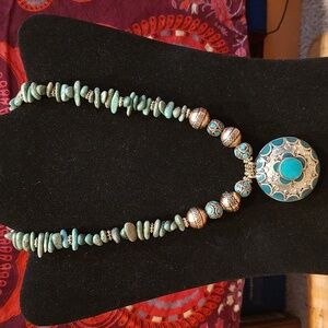 Vintage Handmade Tibetan Turquoise Brass Pendant Necklace